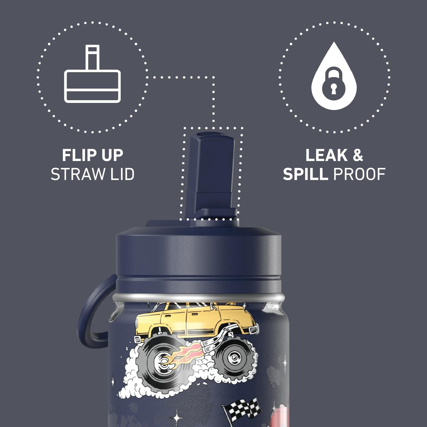 Hydrapeak Mini 14oz Fun Sticker Print Water Bottle with Straw Lid, Stainless Steel Double Wall Insulated Water Bottle, Leak-Proof and Spill-Proof Water Bottle, Monster Truck-Navy