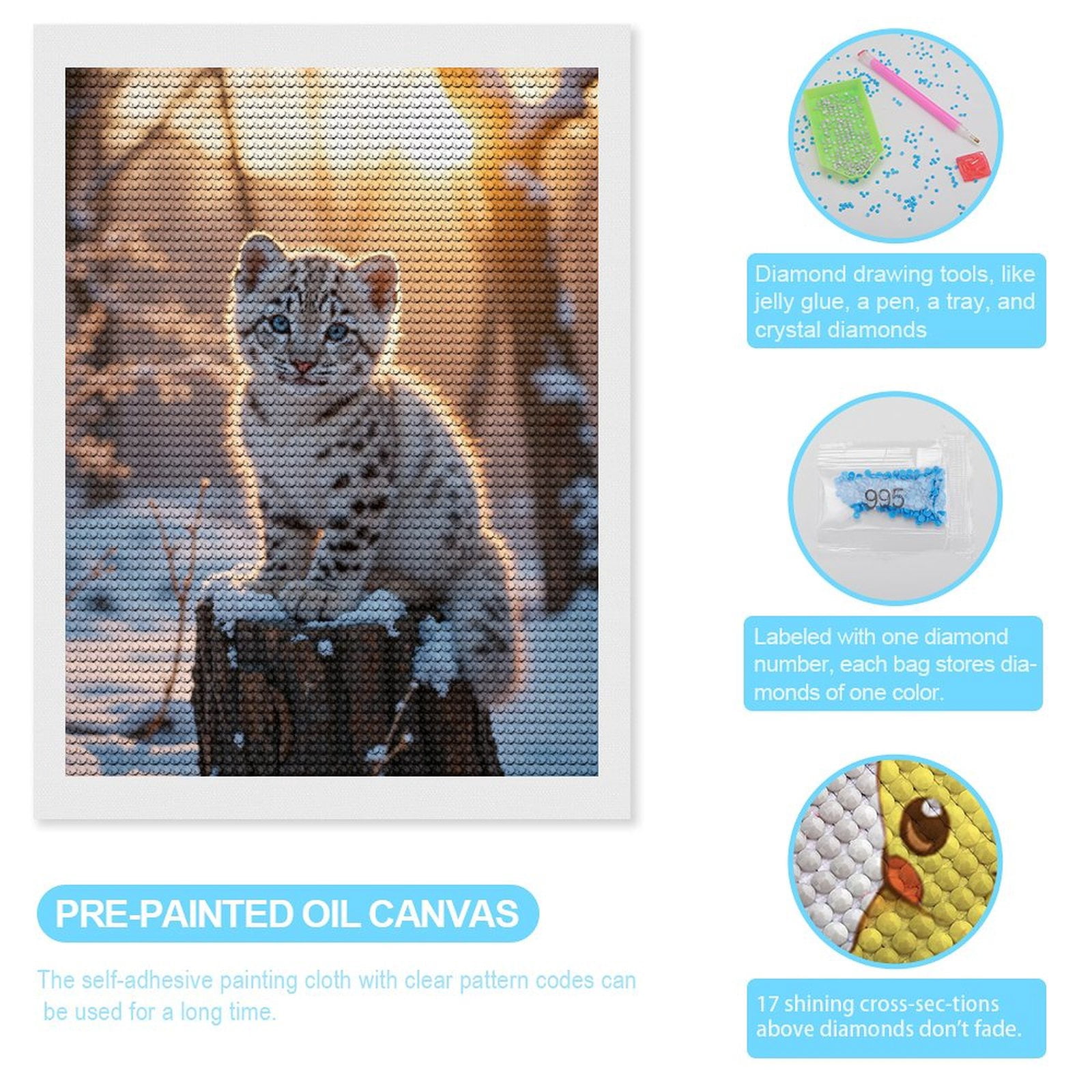 Diamond Art Kit for Adults, Snow Leopard Cub Winter Sunset Diamond Painting for Adults Beginners, 5D DIY Diamond Art Painting Kits, Colorful Diamond Painting Craft for Home Decor 12x16