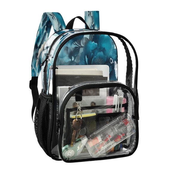 PVC Transparent Backpack Stylish & Durable Clear Backpack Perfect for School, Travel and Outings Teal Elegant Floral Pattern