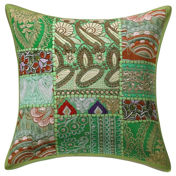 Stylo Culture Indian Cotton Decorative Throw Pillow Sham Cover Parrot Green 12x12 Bohemian Vintage Patchwork Indian Couch Cushion Cover 30 x 30 cm Home Decor Abstract Square Pillowcase | 1 Pc