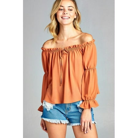 - Women's Puff Long Sleeve Ruffled Front Tie Off Shoulder Top