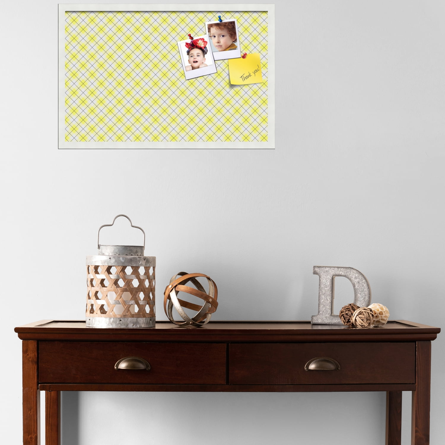 PinPix ArtToFrames 26x16 Custom Cork Bulletin Board Argyle Bright Yellow   Poster Board Has a Fabric Style Canvas Finish, Framed in Satin White Frame (PinPix-647)