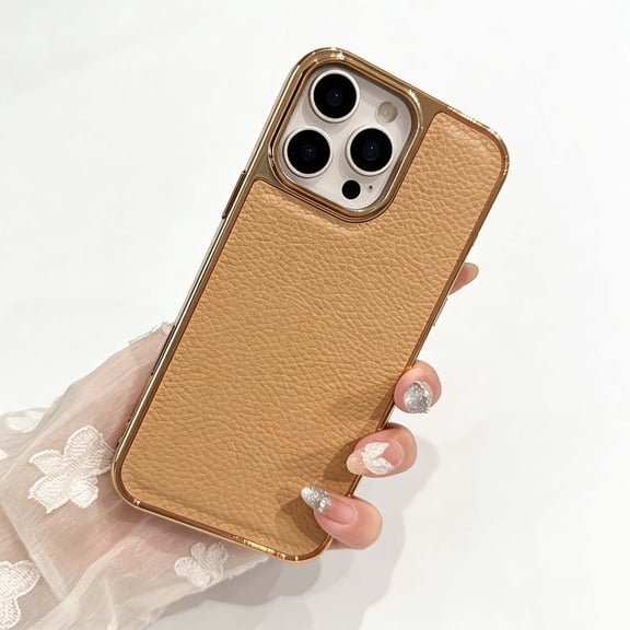 Designed For iPhone 13 Phone Case,Electroplated Bumper Anti-Scratch Lychee Pattern PU Leather Back Hybrid Protection,Shockproof Anti-fall Non-slip Thin Fit Durable Phone Case,Gold