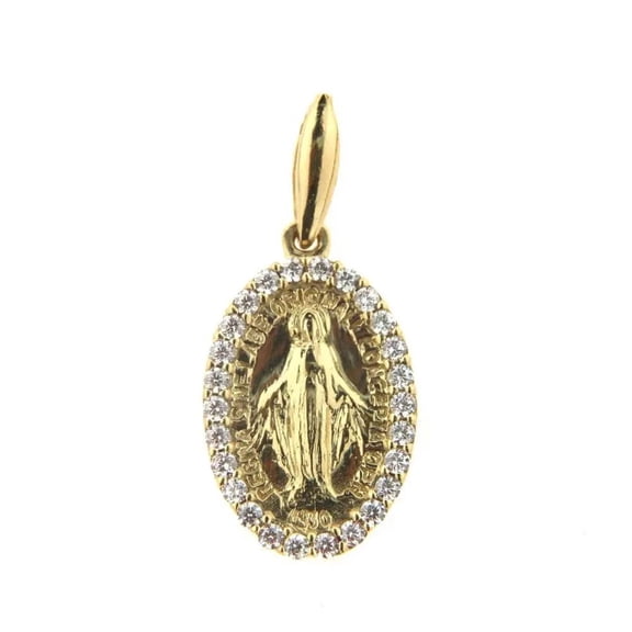 18K Solid Yellow Gold Miraculous Medal with Zirconia border
