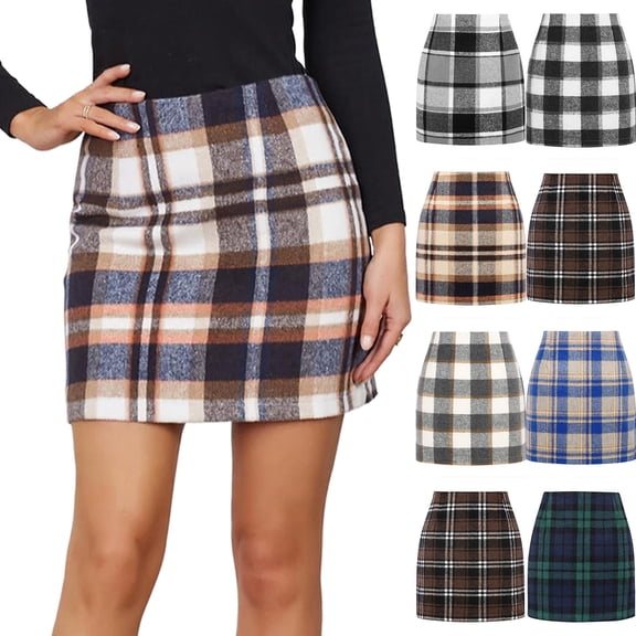 Qwertyu Plaid Pencil Skirts for Women High Waist A Line Slim Fit Mini Skirt Trendy Casual Stretch Short Workwear Skirts Black M