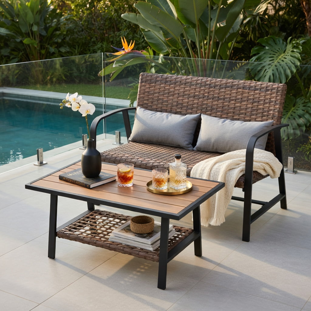 Hommoo 2-Piece Outdoor Rattan Coffee Table & Loveseat Set with Cushions, Storage Shelf, and Lumbar Pillows, Weather-Resistant PE Wicker Patio Furniture for Backyard, Poolside & Garden, Brown