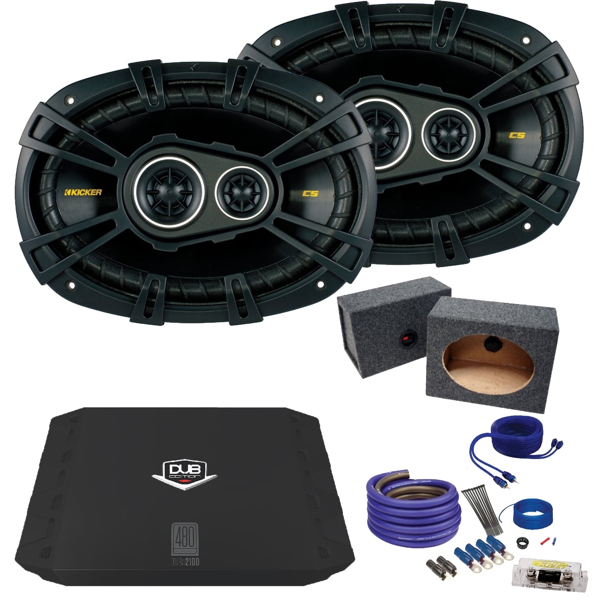 Kicker 6x9 40CS6934 Bundle with DUBA2100 200 Watt Amplifier + Enclosure + Wire Kit