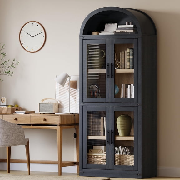 72" Tall Arched Bookshelf Cabinet, Modern Farmhouse Wood Bookcase with 4 Glass Doors & Open Shelf, Freestanding Storage Organizer for Living Room or Bedroom, Black