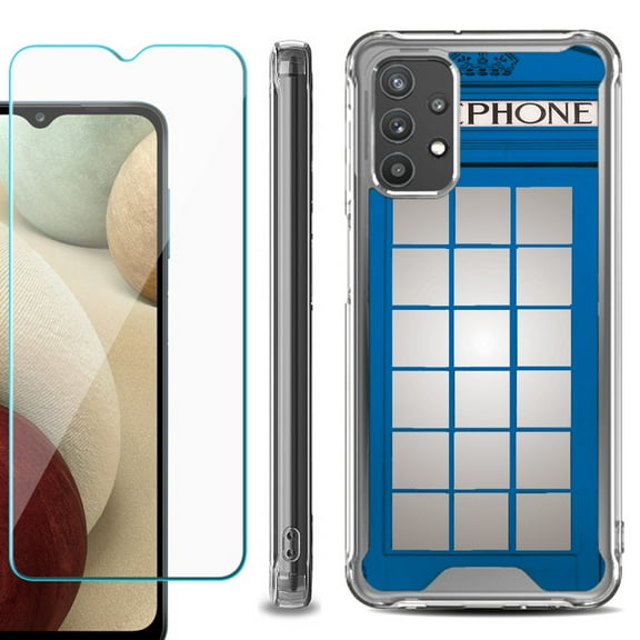 Shockproof Bumper Phone Case for Samsung Galaxy A32 5G, with Tempered Glass Screen Protector, by OneToughShield ® - Phone Booth Blue