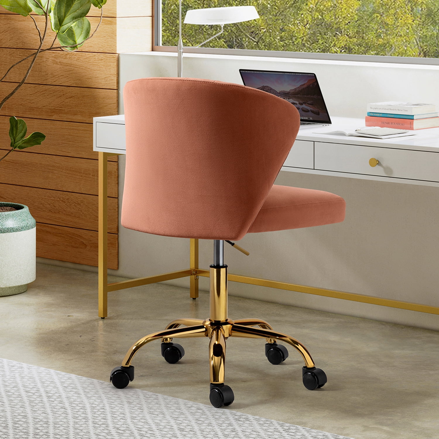 Tina's Home Coral Velvet Swivel Office Chair with Gold Legs, Adjustable Height Rolling Desk Chair for Vanity