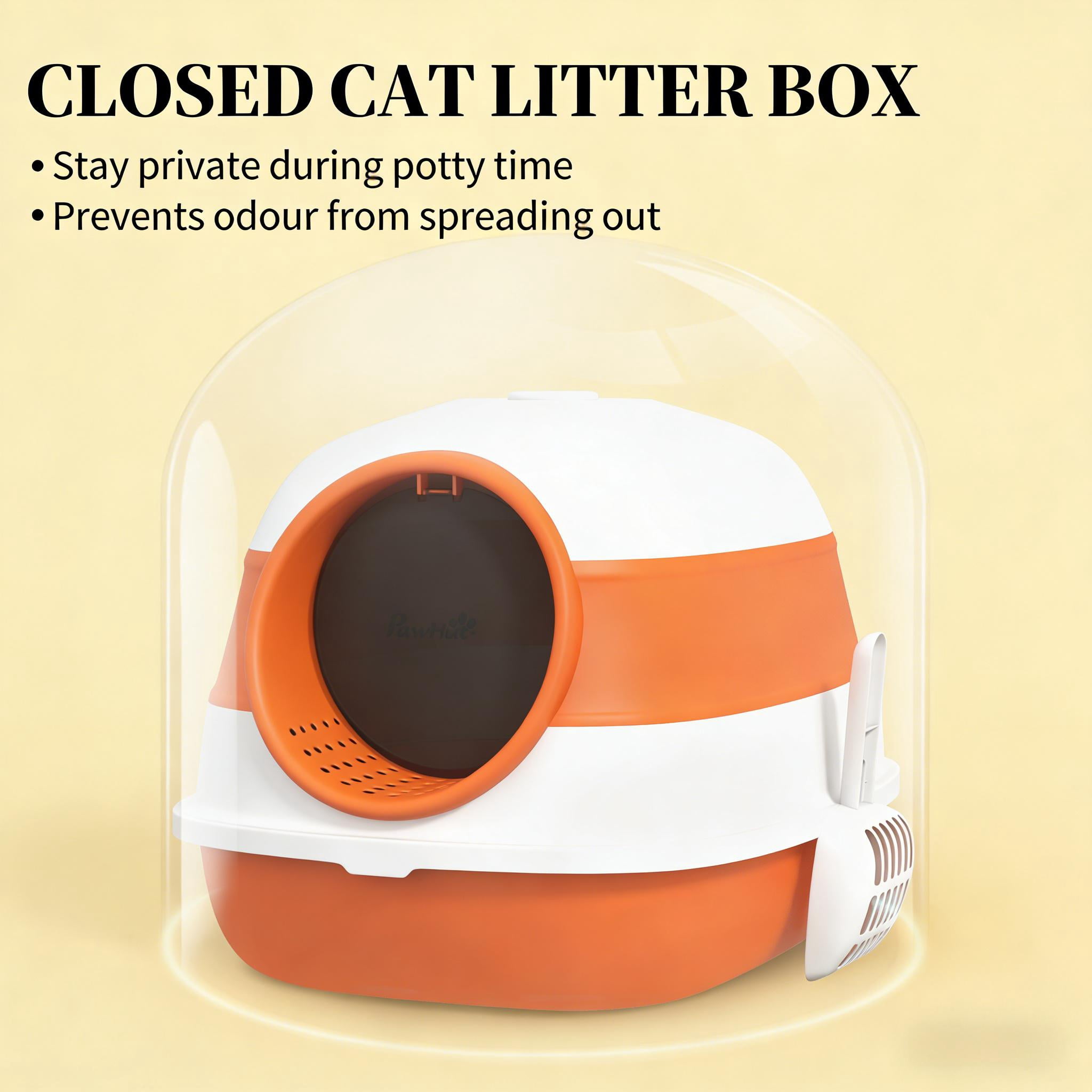 Foldable Covered Cat Litter Box, Orange & White Enclosed Litter Box with Air Freshener, Litter Grate & Scoop, High Edge Lid, Privacy Cat Toilet for Cats Up to 10lbs