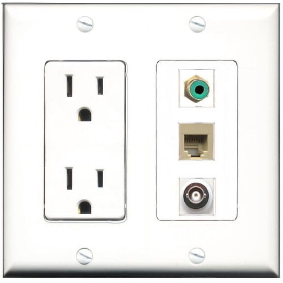 RiteAV - 15 Amp Power Outlet 1 Port RCA Green 1 Port Phone Beige 1 Port BNC Decorative Wall Plate