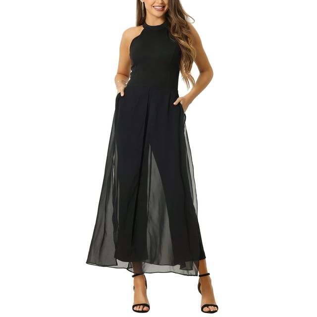 INSPIRAR CHIC Mono Elegante de Mujer con Cuello Halter Sin Mangas Mono Formal de Pierna Ancha L Negro
