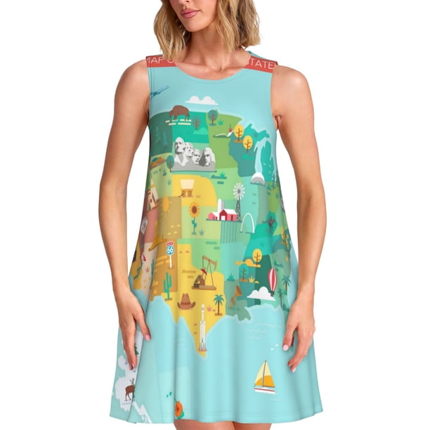 Disketp USA Tourist Map para Vestido sin Mangas para Mujeres, Vestidos de Verano para Mujeres, Casual y Holgado para la Playa