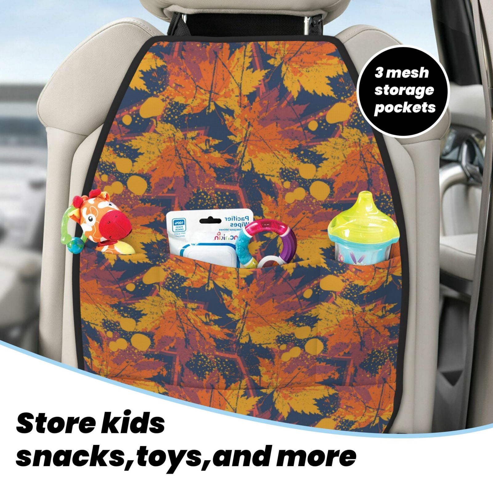 Kdxio Vintage Abstract Maple Leaf Art Print 2 Pack Car Kick Mat Seat Cover Back Protector Mat with Pockets for Organizer Backseat Protector and Storage Anti Kick Pad for Vehicles