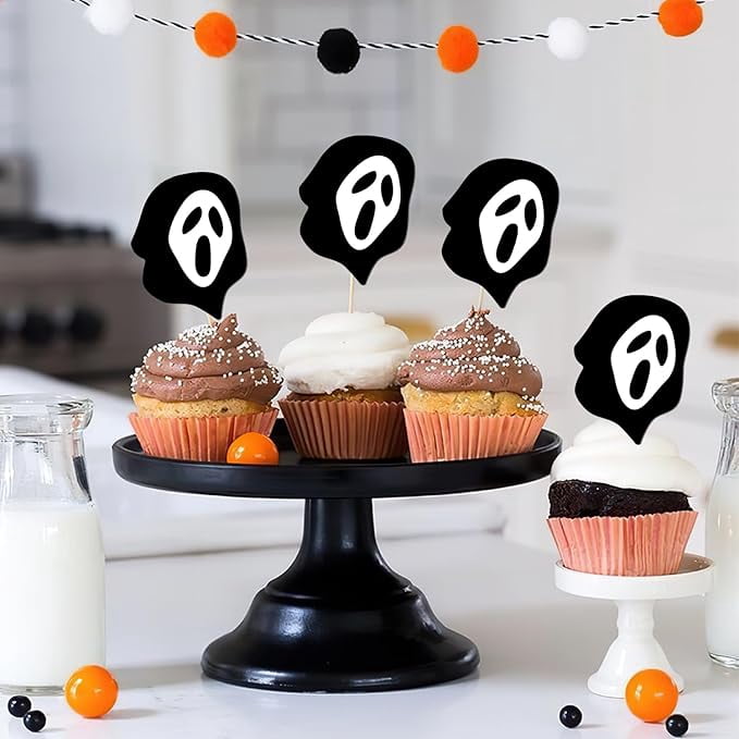24PCS Halloween Horror Movie Cupcake Toppers Halloween Party Decorations Black Ghost Cupcake Toppers Scary Movie Themed Cake Decorations for Halloween Horror Movie Themed Party Decor Supplies