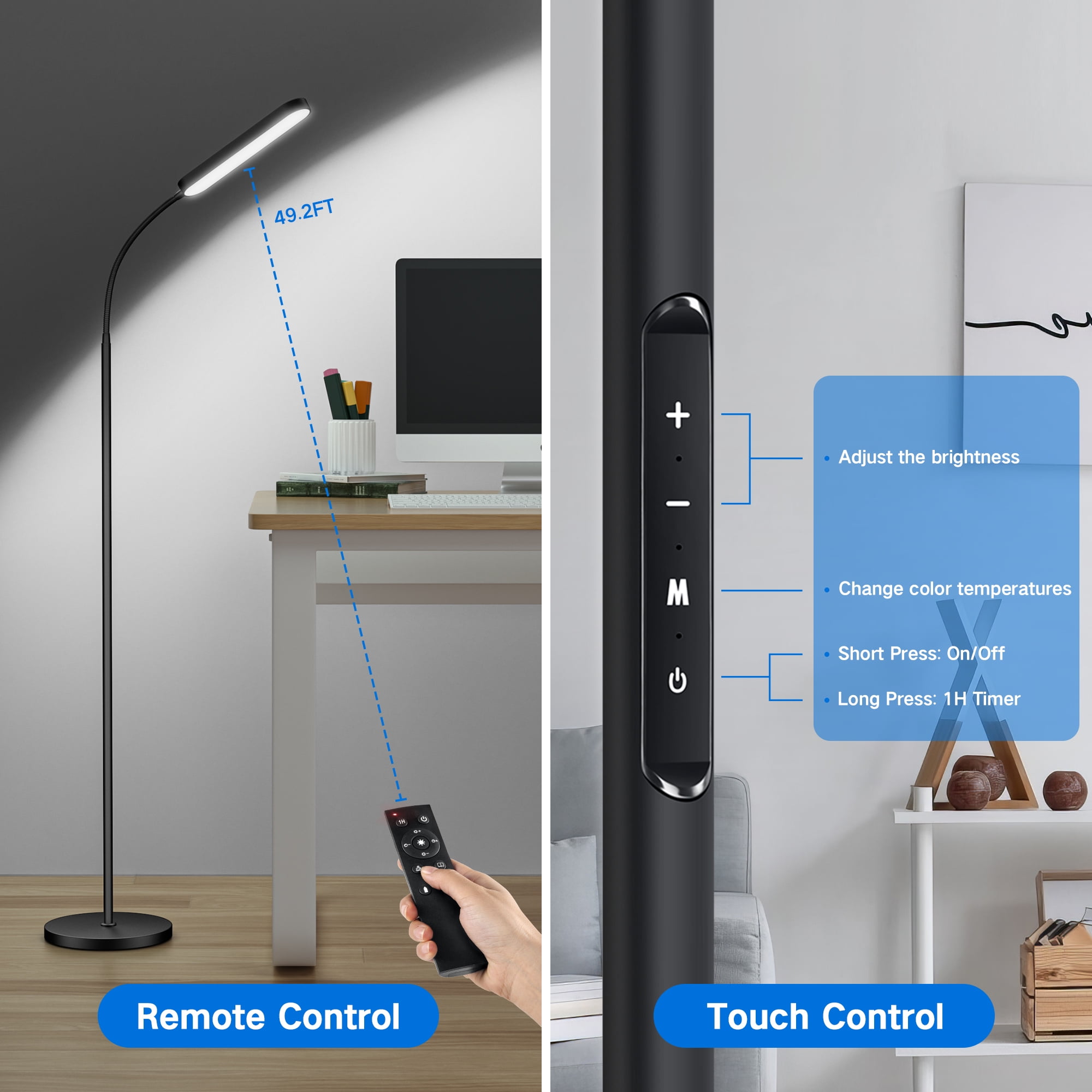 OUTON LED Floor Lamp for Living Room,  Dimmable Reading Lamp with Remote and Touch Control, 4 Color Temperature Standing Lamp for Bedroom Office Piano