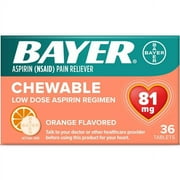 Bayer Chewable Low Dose Baby Aspirin 81mg for Adults Orange 36 Ct 3 Pk | Low Dose Aspirin | NSAIDS Pain Reliever Anti Inflammatory | Heart Pain Relief | Travel Aspirin