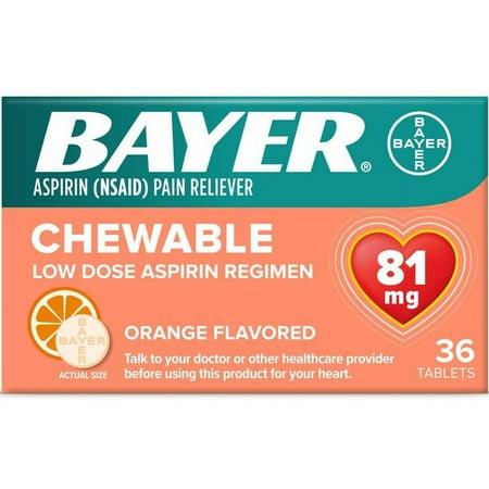 Bayer Chewable Low Dose Baby Aspirin 81mg for Adults Orange 36 Ct 3 Pk | Low Dose Aspirin | NSAIDS Pain Reliever Anti Inflammatory | Heart Pain Relief | Travel Aspirin