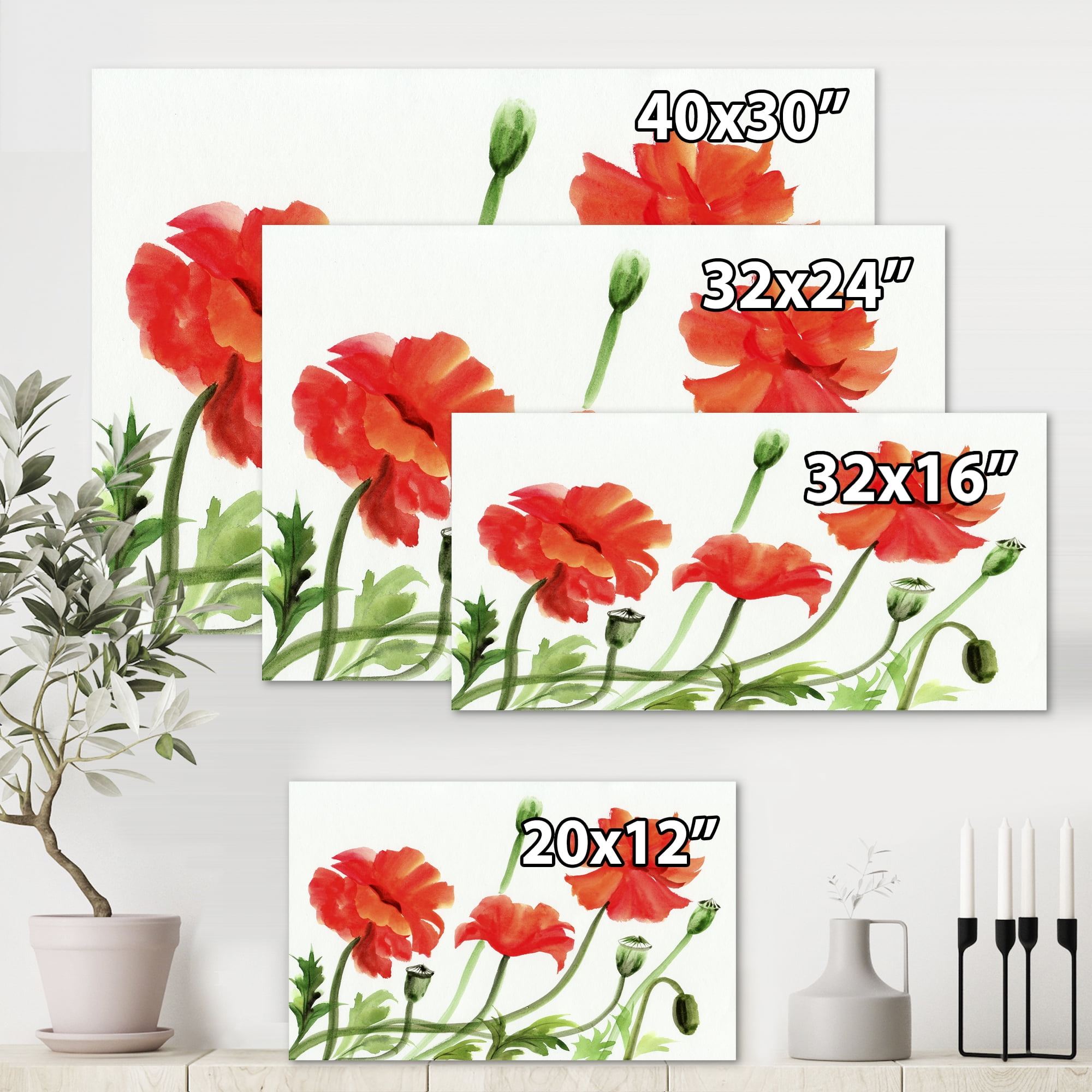 Designart ' Ancient Red Poppies III ' Traditional Canvas Wall Art Print