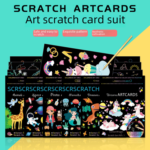 Arte de color para pintar con rasguños para niños, dibujos animados, arte de jardín de infantes, suministros creativos de graffiti para hacer uno mismo, papel para pintar con rasguños de colores