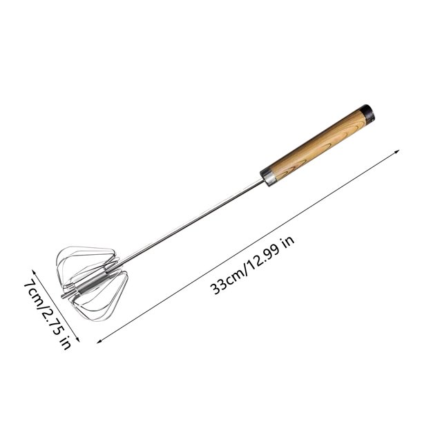 fiudx batidor semiautomático de acero inoxidable — batidor manual de 33 cm con cabezal giratorio de 7 cm y varilla de acero inoxidable apto para uso alimentario, mango tipo madera multicolor con extremo negro sobre fondo blanco; ideal para mezclar pasteles, salsas y masas y también adecuado para emulsionar aderezos.