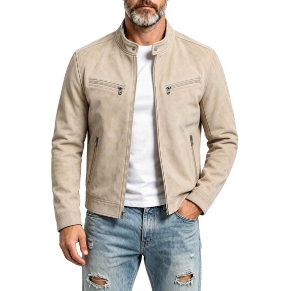 FchengtaiS Mens Suede Bomber Jacket Stand Collar Zip Up Wind Resistant Jacket Winter Warm Outerwear with Multi Zipper Pockets