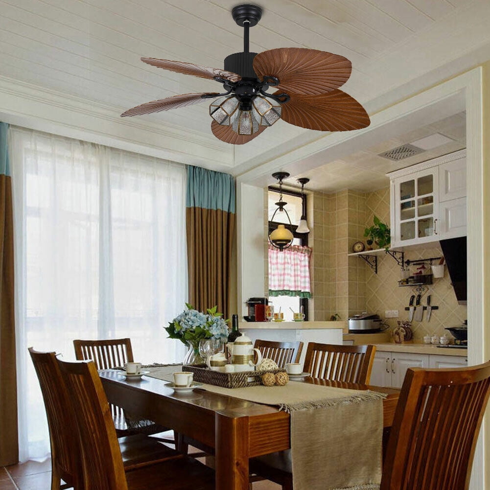 DUYIWAA 52'' 5 Blades Ceiling Fan with Light Tropical Palm Leaf Fan Chandelier Reversible Fan Light Remote Control