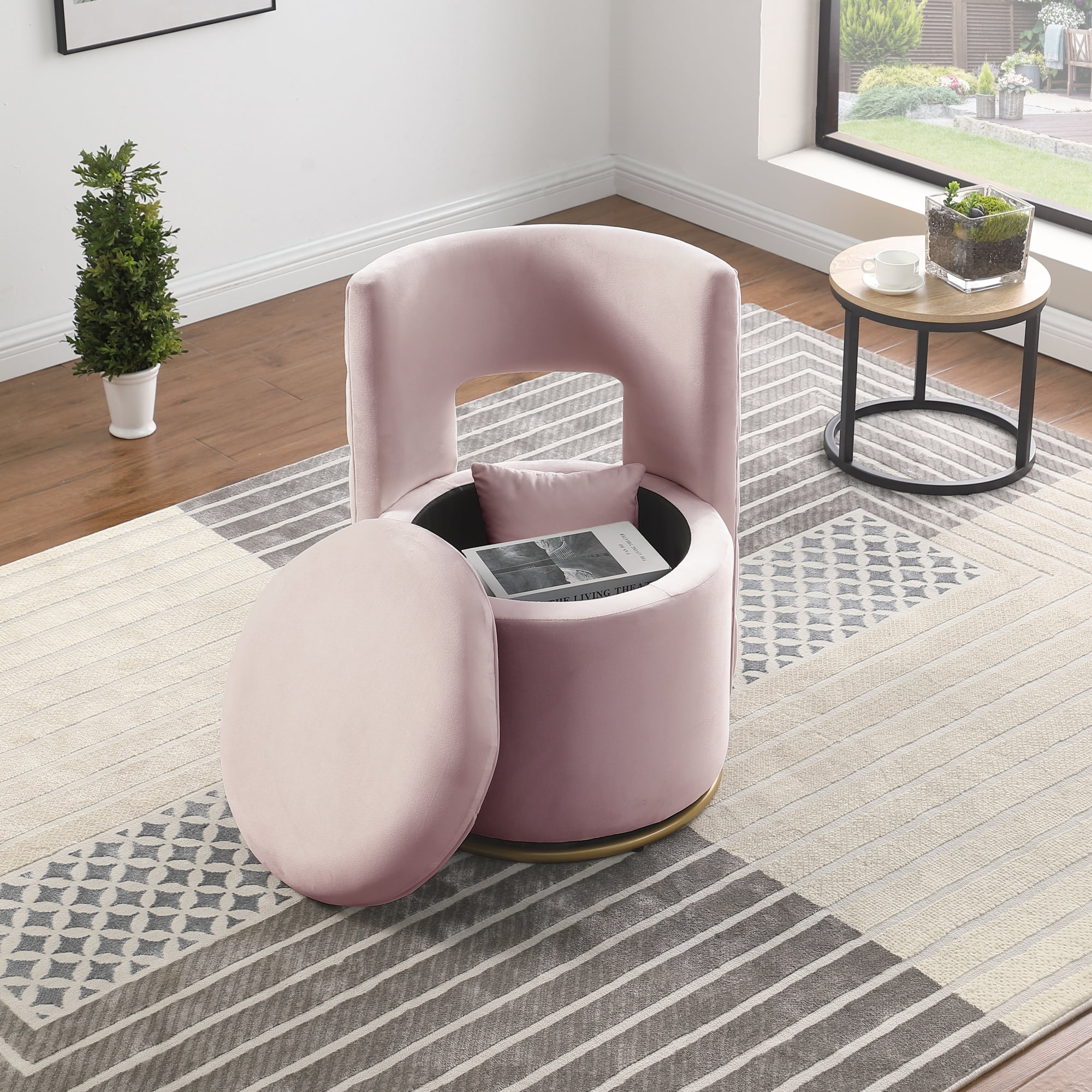 Leumius 360° Swivel Accent Chair with Storage,Velvet Curved Chair with Gold Metal Base for Living Room,Nursery,Bedroom-Pink