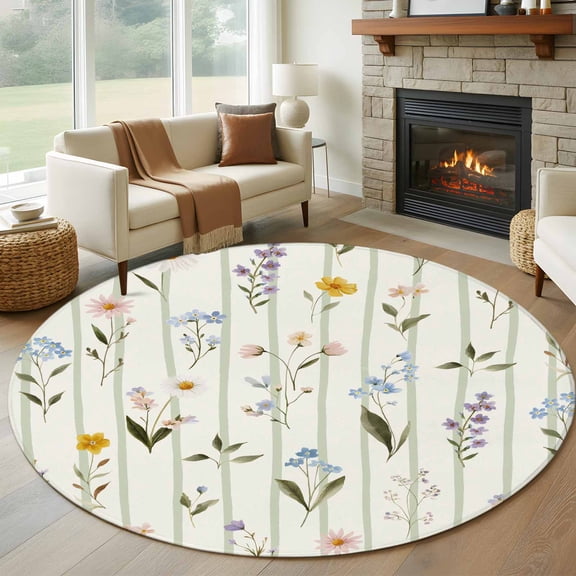 Round Rug 6Ft Washable Non-Slip, Spring Floral Circle Area Rugs for Living Room Bedroom, Summer Botanical Sage Green Striped Indoor Floor Mats Carpet Runner for Home Decor Aesthetic