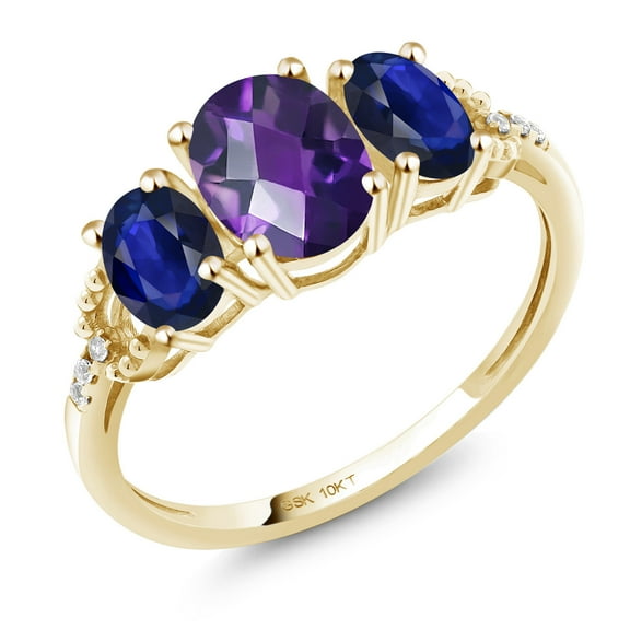 Gem Stone King 4.41 Cttw Purple Amethyst Blue Sapphire and Diamond Accent Engagement Ring for Women | 10K Yellow Gold | Wedding Engagement Anniversary Promise Ring for Women | Size 8