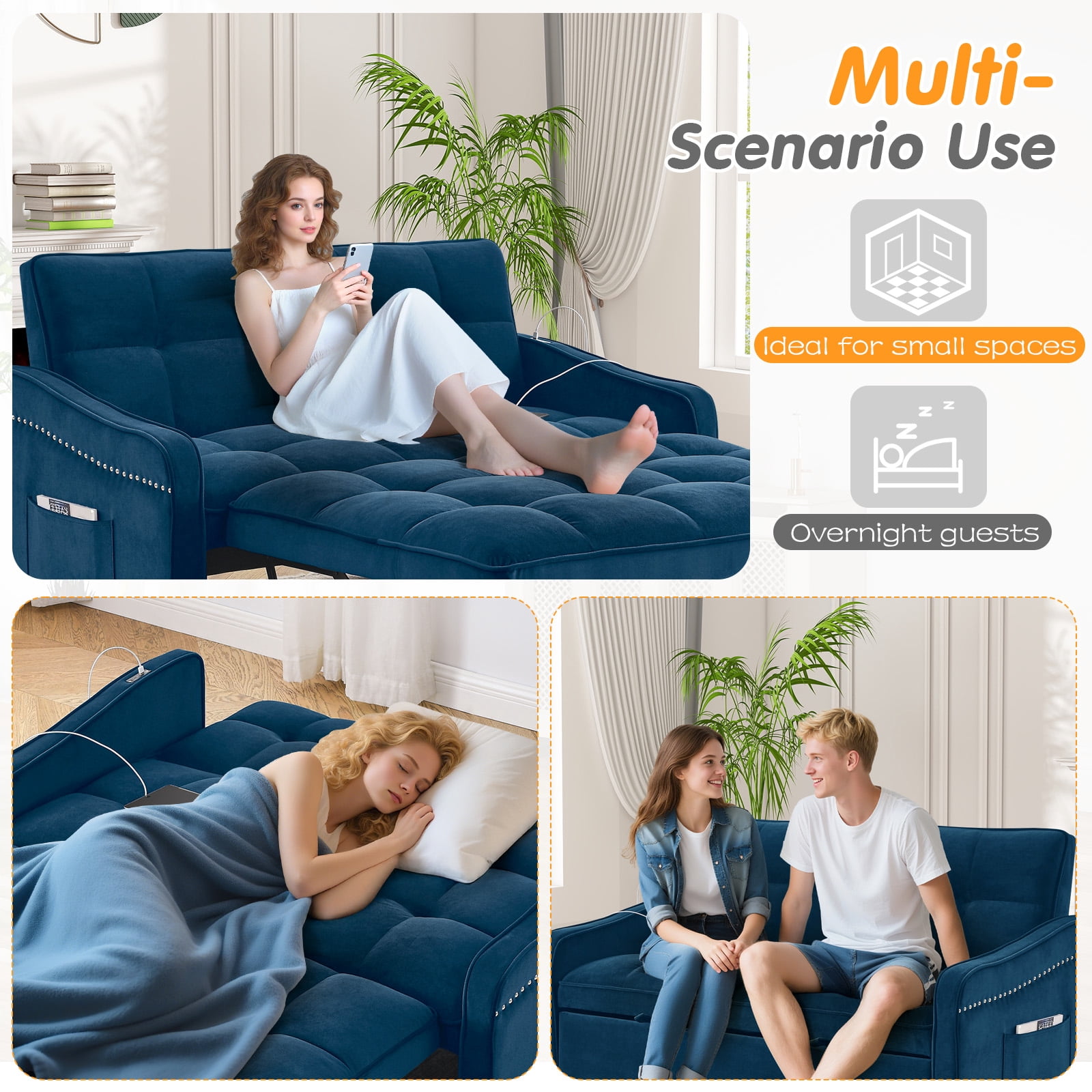 Lunale Loveseat Sleeper with USB/Type-C, Convertible Sleeper Sofa Bed for Living Room/Apt, Blue Velvet