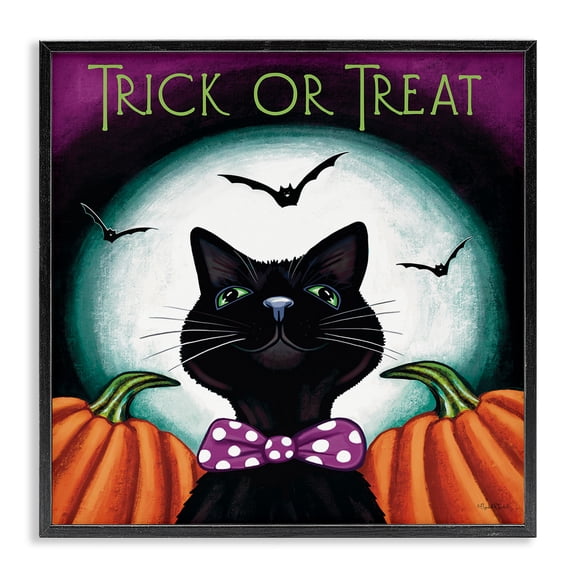 Stupell Industries Trick Or Treat Cat Holiday Painting Black Framed Art Print Wall Art, 12 x 12