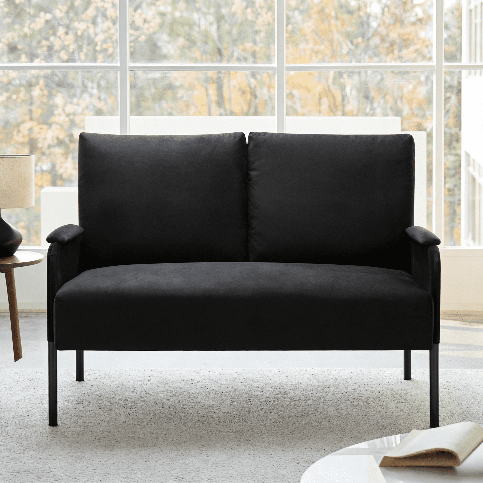 Gewnee 45.7”Loveseat Couch for Small Spaces,Mid-Century Modern 2-Seater Sofa with Metal Frame & Black Legs,Removable Washable Back Cushion Cover,Easy Assembly.Black