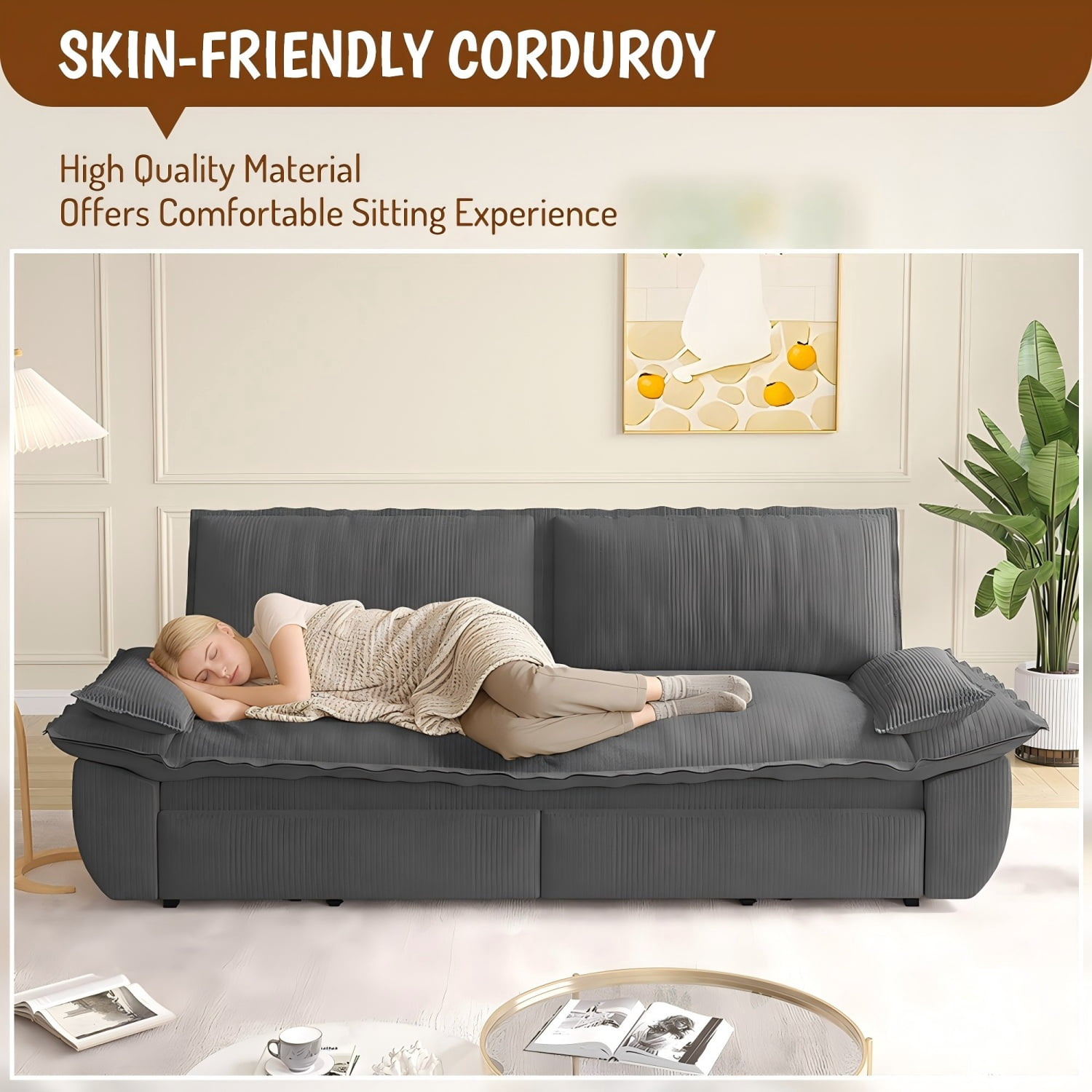 MOONMISS 73.2" Queen Pull Out Sofa Bed,3-in-1 Convertible Sleeper Sofa,Multi-Functional Corduroy Couch Bed,Gray