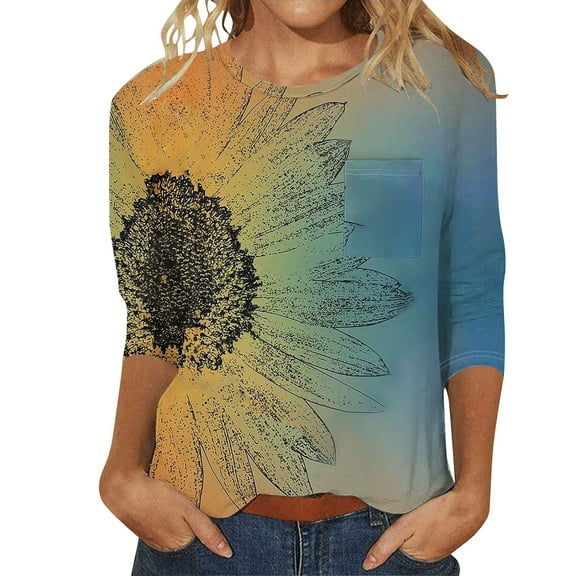 Cqxid525 Comfort Colors T-Shirts Women's 3/4 Length Sleeve T Shirts Casual Round Neck Cute Tunics Tops Basic Loose Fit Tees With Pocket Blouses Gold L Beach Vacation Clothes
