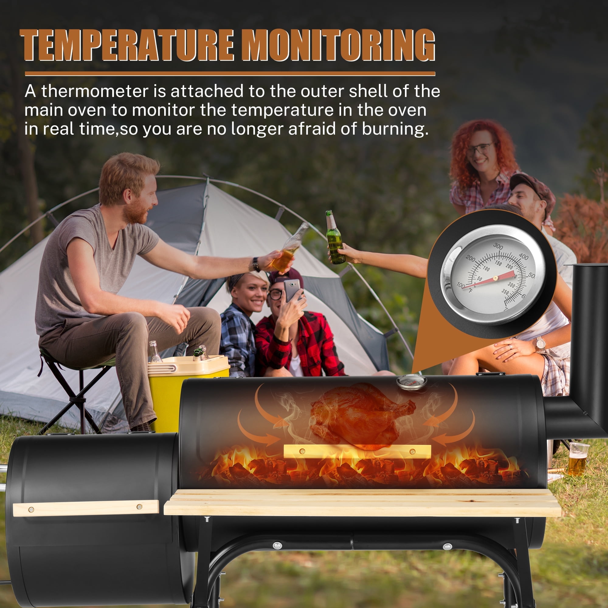 Grill, Enyopro Charcoal Grill, Portable BBQ Grill & Smoker Combo, with Offset Smoker and Wood Shelf, Thermometer, Wheels, for Outdoor Picnic, Patio, Backyard, Camping