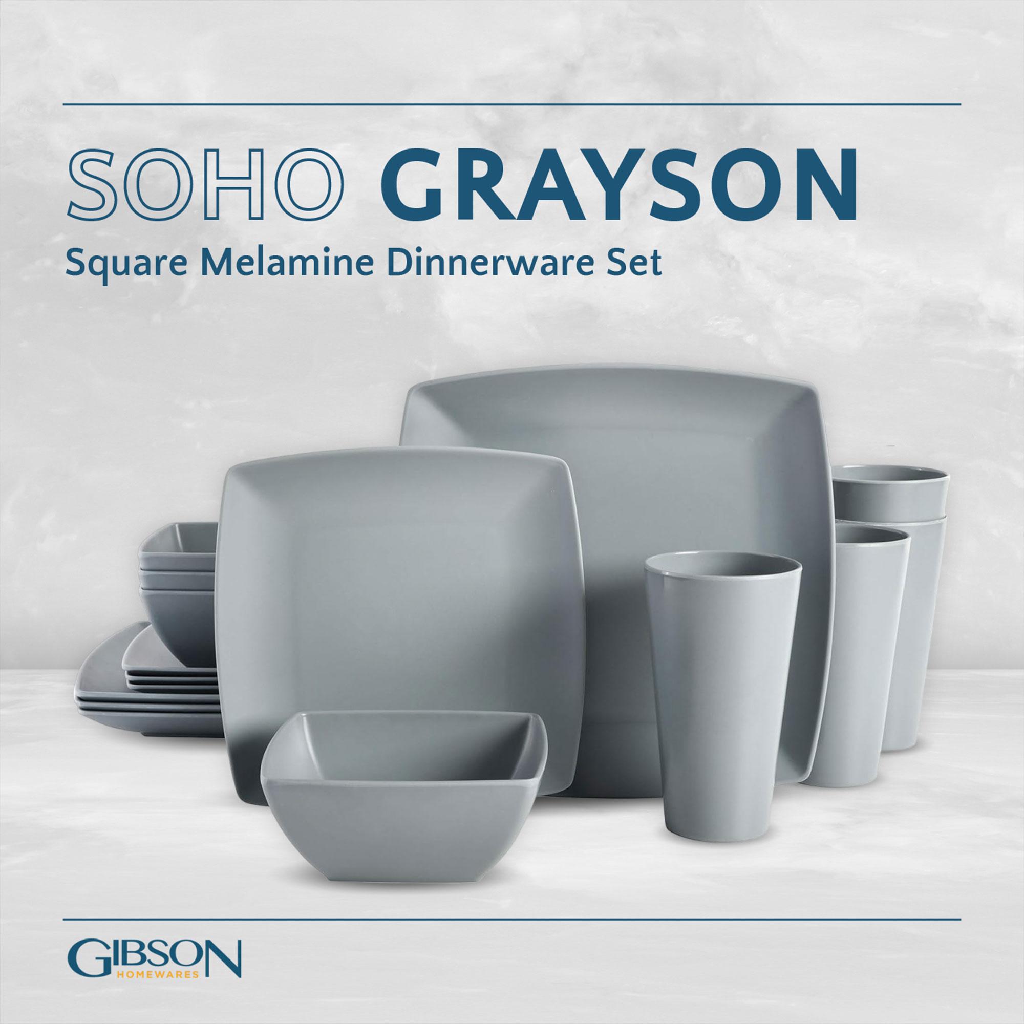 Gibson Home Soho Grayson Square Melamine Dinnerware Set, Service for Four (16pcs), Grey - image 2 of 7