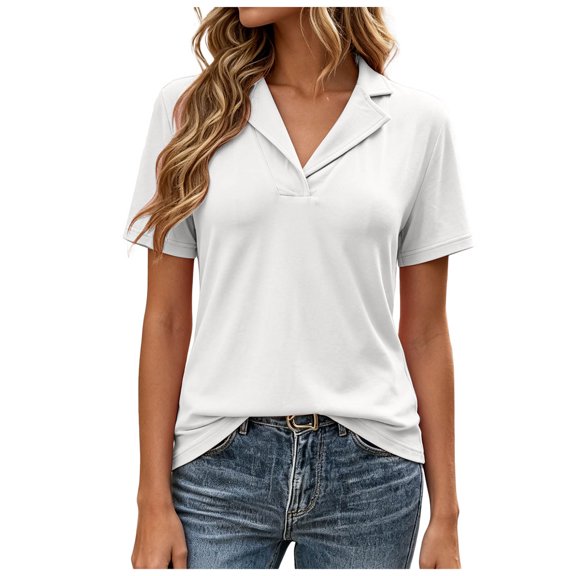 vigerkar Women's Polo Shirts Lapel Collar V Neck Short Sleeve Blouse Dressy Casual Tunic Tops (White, L)