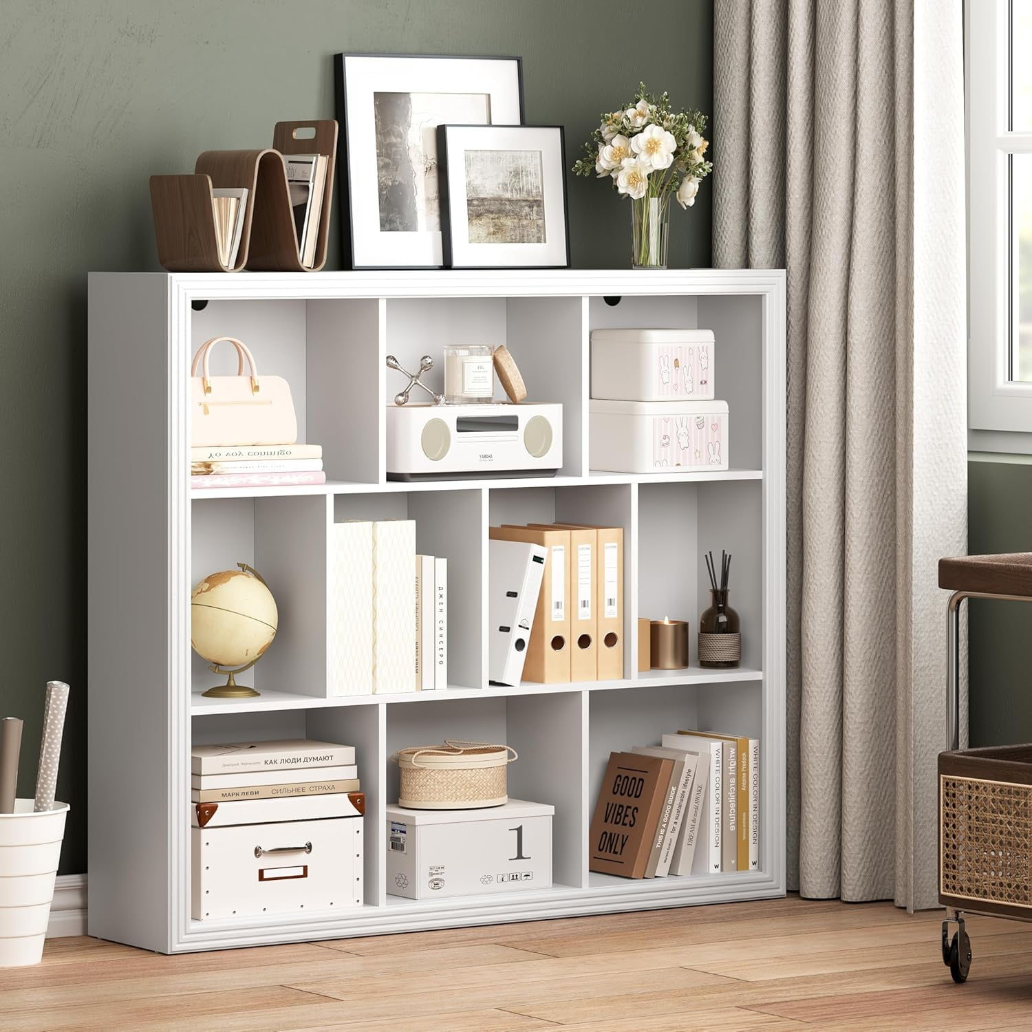 PUFFCAFE Book Shelf with 10-Cube,3 Tier Open Book Cases,Floor Standing 38" Tall bookshelf,Wooden Display Shelves,White Bookcase