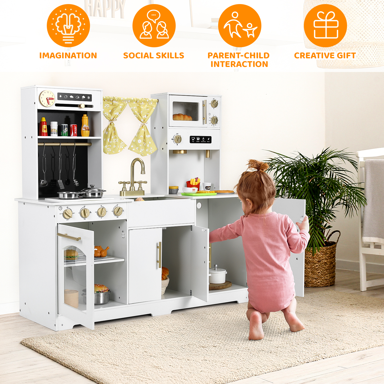 Pirecart Play Kitchen, Wooden Kids Kitchen Playset with Sound & Light,  Sink, Microwave, Curtain and Utensils for Boys Girls Age 3-10, White
