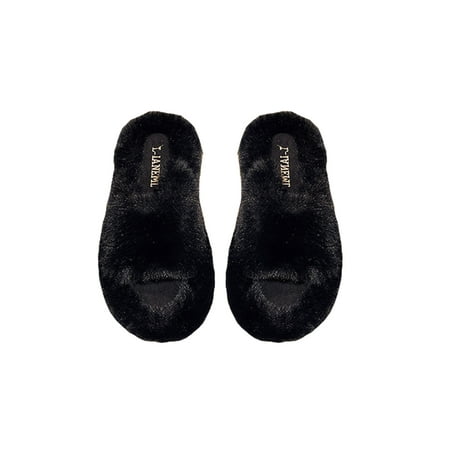 

Woobling Women s Lightweight Slip On Plush Slipper House Faux Fur Furry Shoes Bedroom Wear-Resistant Flat Plush Slipper Black 8