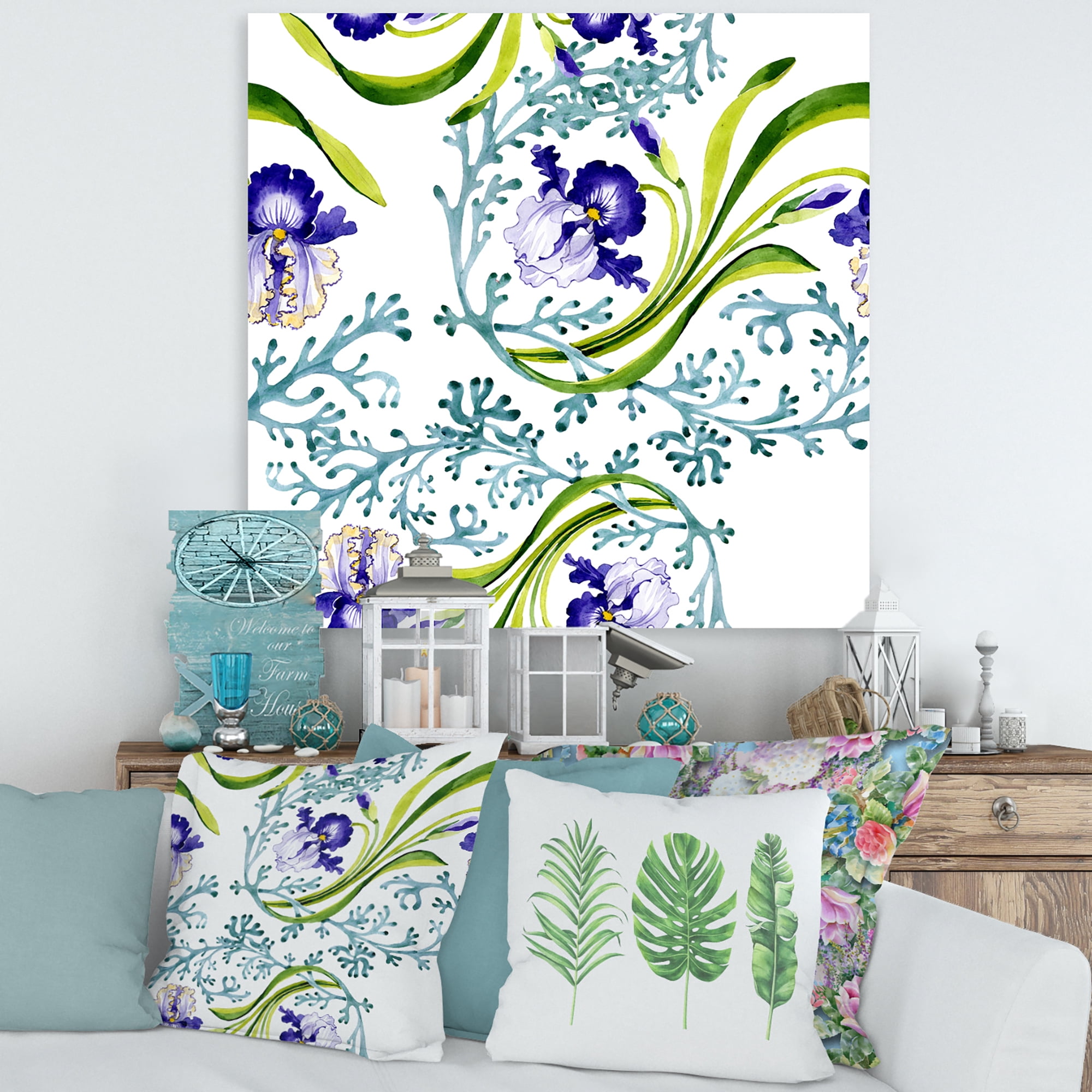 Designart ' Abstract Blue Iris With Wild Spring Leaves ' Traditional Canvas Wall Art Print