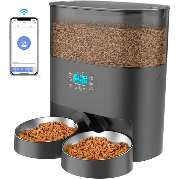 HoneyGuaridan 6L Automatic Cat Feeder for 2 Cats, 2.4G WiFi Enabled Smart Feed Pet Feeder for Dogs, Timed Pet Food Dispenser with Stainless Steel Bowl APP Control, 10s Voice Black