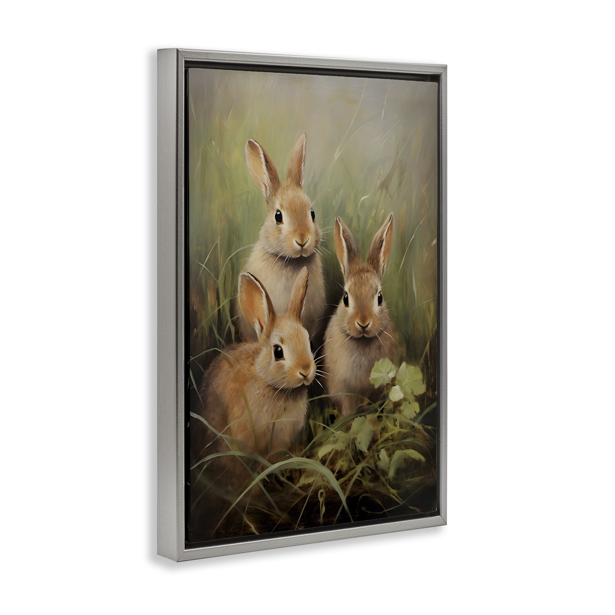 Stupell Industries Baby Bunny Trio Animals & Insects Painting Gray Floater Framed Canvas Art Print Wall Art, 21 x 31