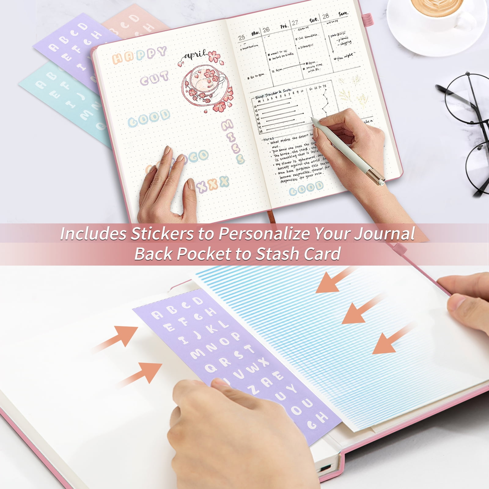 1Pack Small Journal Notebook,Hardcover Journals for Women Men,Dotted,Grid,Pen Loop, Stickers,A6,100 gsm Thick Paper,160 Pages,3.6in x 5.6in