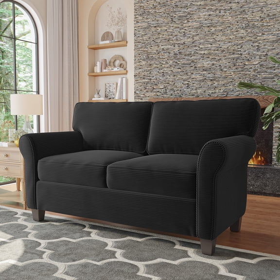 57" Corduroy Loveseat Sofa with Deep Seat Comfort, Small 2-Seater Couch with Removable Cushions for Apartment, Bedroom, Living Room or Office, Black