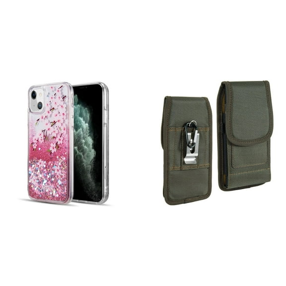 Liquid Glitter Case for iPhone 14 and Belt Holster Pouch (Cherry Blossom/Green)