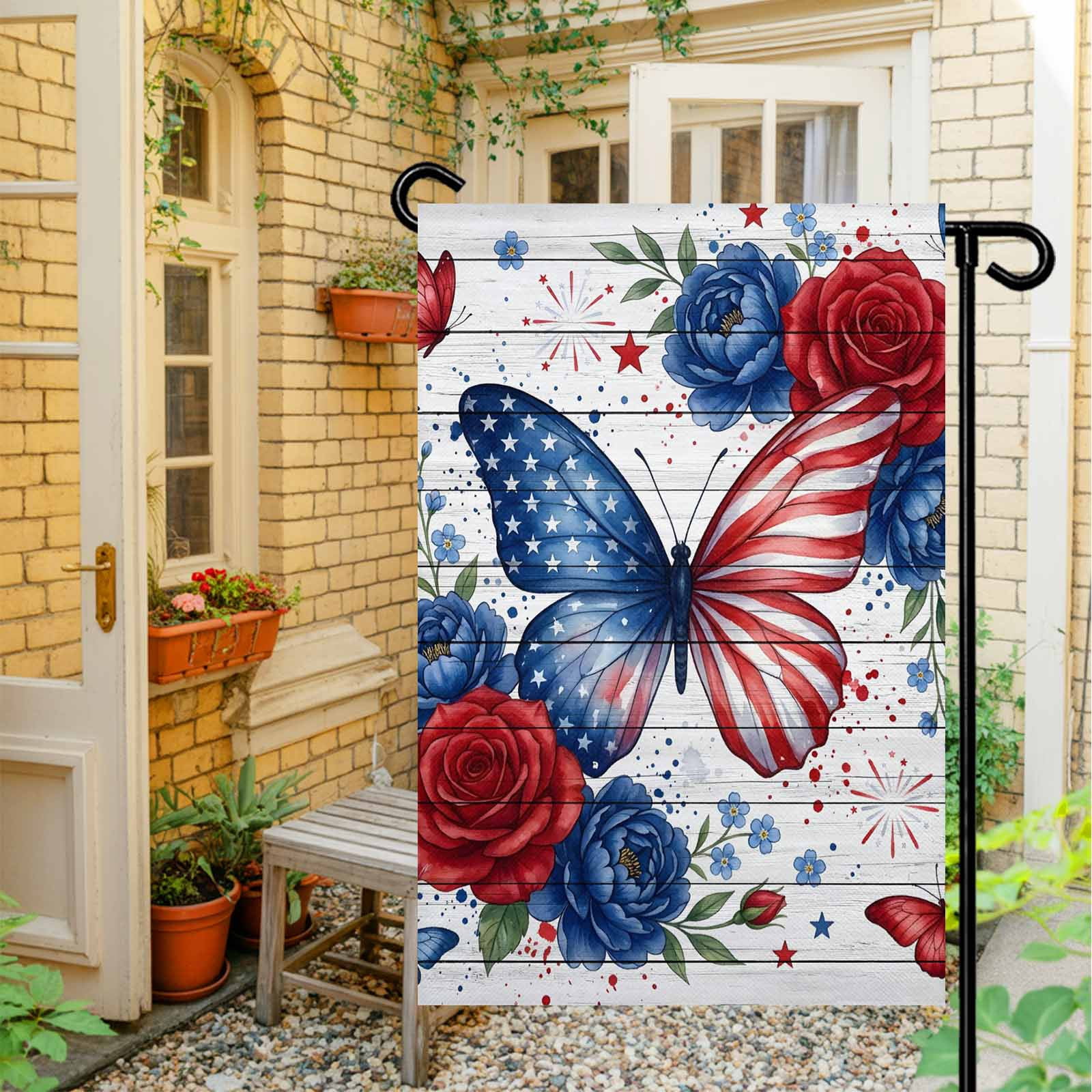 4th of July Garden Flags Red White Blue Butterfly Garden Flag Double Sided Welcome Flag Star Rose Flower Independence Day Yard Flags for Outdoor Lawn Porch Memorial Day Holiday Decor 28x40 Inch