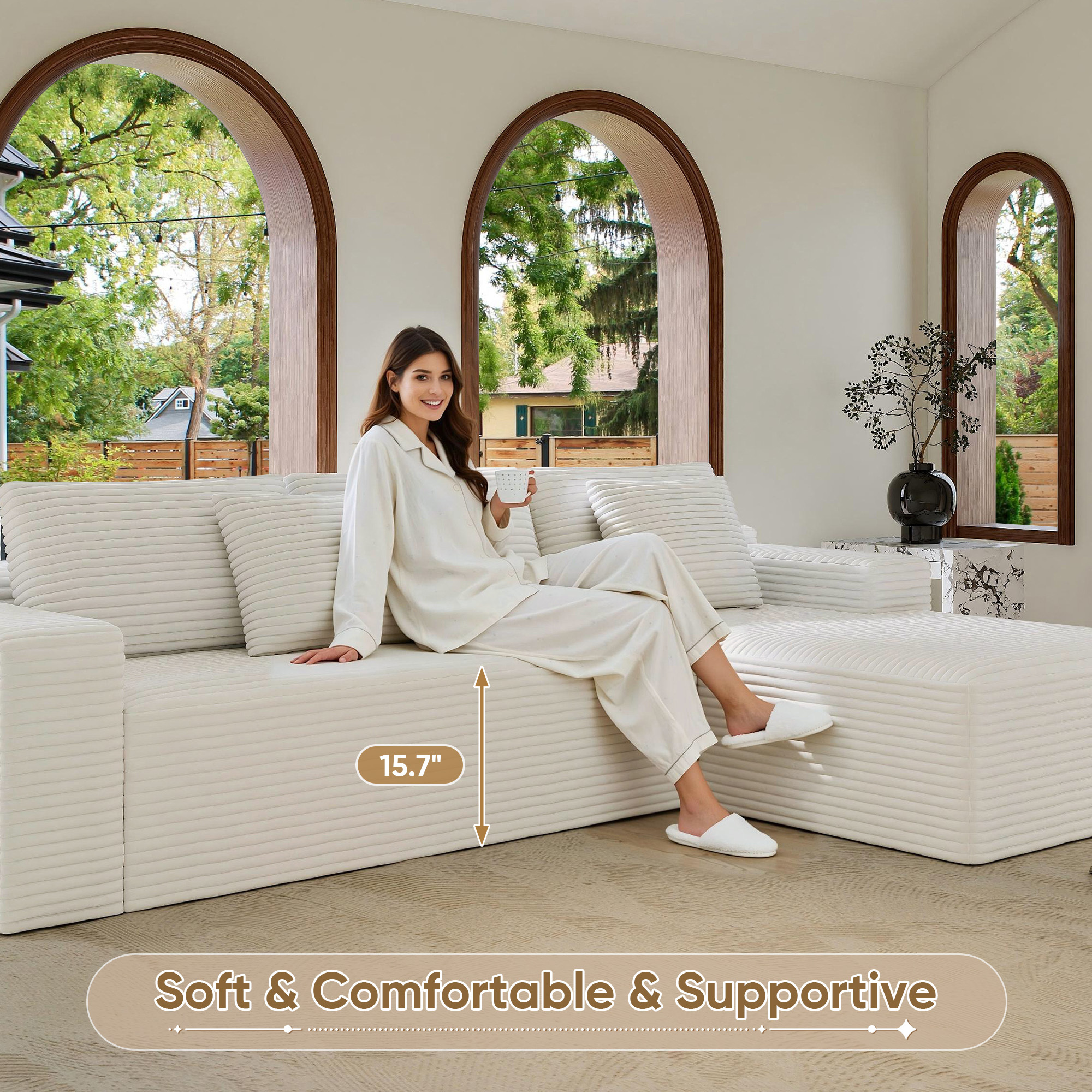 Lunale 104" Cloud Sectional Sofa with Right Chaise, Oversized Modular L-Shaped Couch, Plush Corduroy Sleeper Couch for Living Room, No Assembly Required, Beige